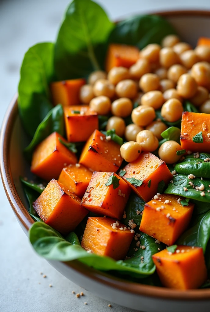 Create an image of this recipe: Sweet Potato and Chickpea Bowl Ingredients:

- Potato: 200 g - Cooked chickpeas: 150 g - Fresh spinach: 50 g - Olive oil: 15 ml - Cumin: 5 g
- Sal: 5 g - Pepper: 2 g Preparation:

1. Peel and cut the sweet potato into cubes. Bake in the oven at 200°C for 25-30 minutes, until they are tender.

2. In a frying pan, Heat the olive oil and cook the chickpeas with cumin, salt and pepper for 5 minutes.

3. In a large bowl, mix the roasted sweet potatoes, chickpeas and spinach.

4. Serve hot or at room temperature.

