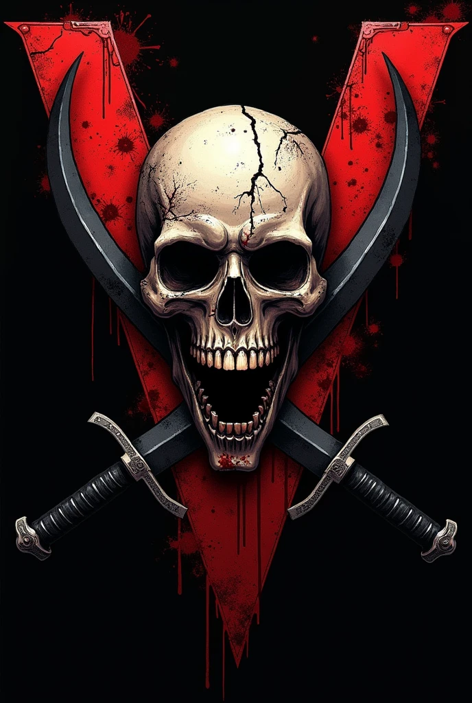 Make a realistic logo of a skull with an open mouth and tiny cracks that have blood stains around it. Have 2 black swords cross each other completely forming a V, then in the background a red V with realistic blood dripping from it forming a V for vendetta