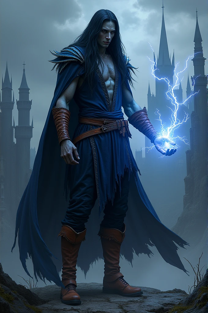 Drow warrior man, long black hair, dark skin, blue doublet, tight pants, leather boots color terracotta. In the hands of lightning. There is a Gothic city in the background.