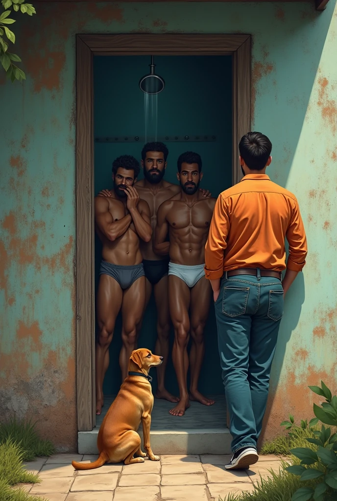 Shirt reporter, pants and sneakers leaning against the door outside an old house next to a dog, looking at strong, bearded, mixed-race Brazilian men taking a shower in their underwear inside.