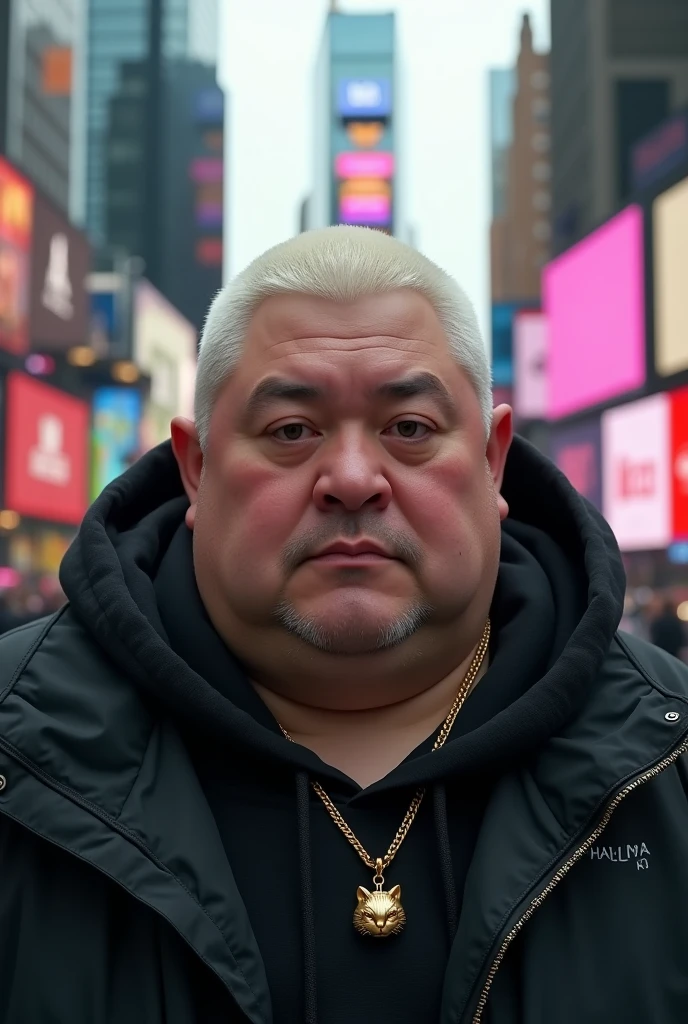 seen from the front make the fat face of a 2 young man a little fat in 4K quality and short white hair on top on the side of the head a gradient until he is bald, wearing a black cold weather jacket with a hood over his head,wearing a gold necklace around her neck with a small cat on the pendant. as if you were parading through Times Square - NY