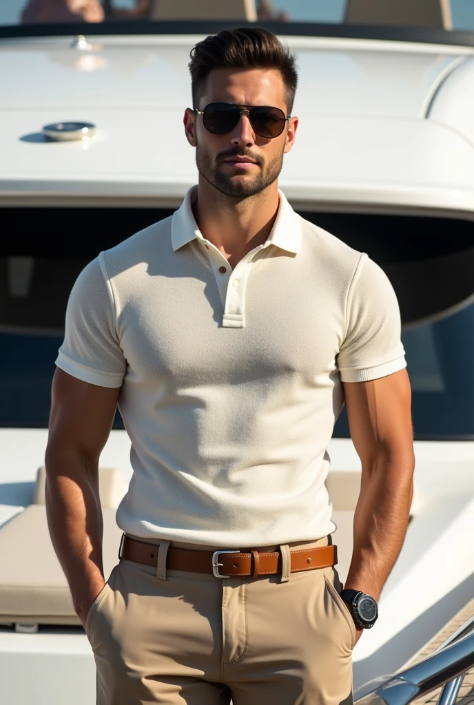 Create an image of a yacht owner wearing a cream knit polo with All the buttons buttoned up and khaki pants. Make him look young and looking straight in the camera with sunglasses