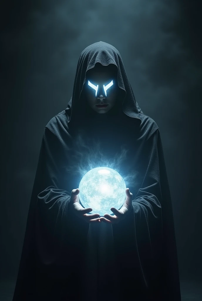 Make an omnipotent being who carries darkness, with a bright stripe that crosses each eye that is white and goes down to the cheek, holding a sphere of pure energy he is in a completely dark place