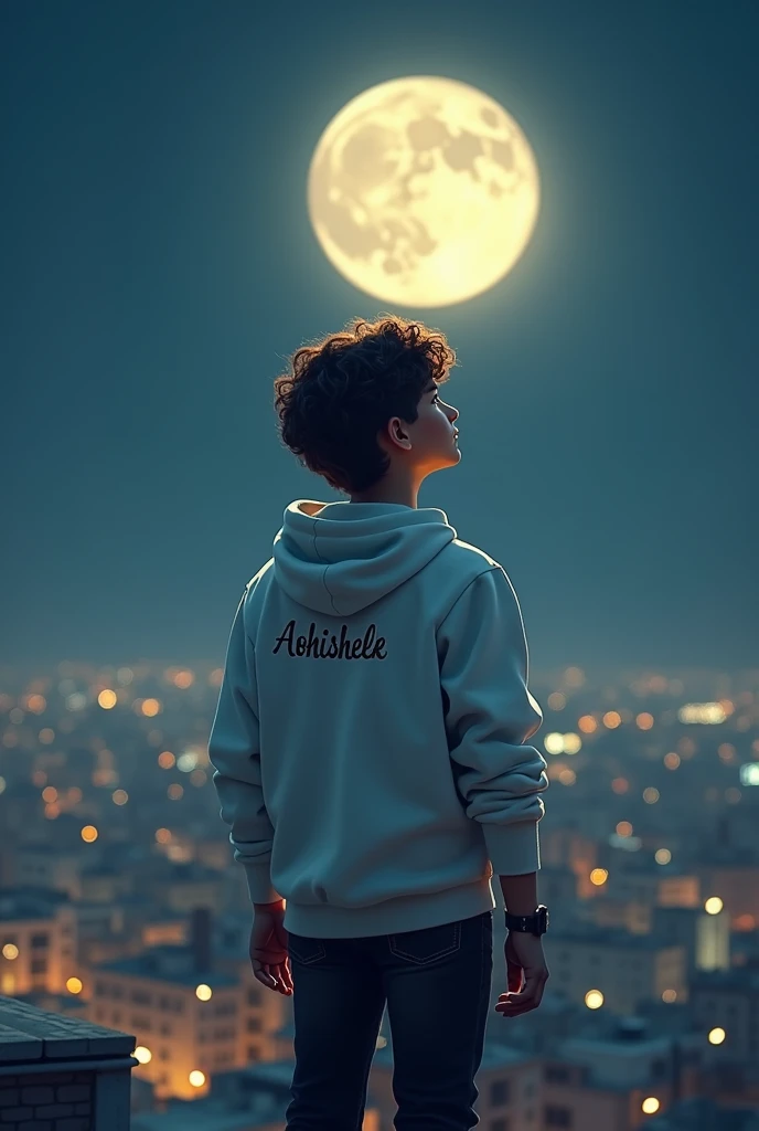 (photorealism:1.2), handsome boy, standing on the top of the roof, wearing  white hoodie , black jeans, Curley hair, wearing watch,moon night, city flooded with lights in background, moon night, written 'Abhishek' in backside of hoodie, and watching towards moon with innocence face.Alphonse Mucha