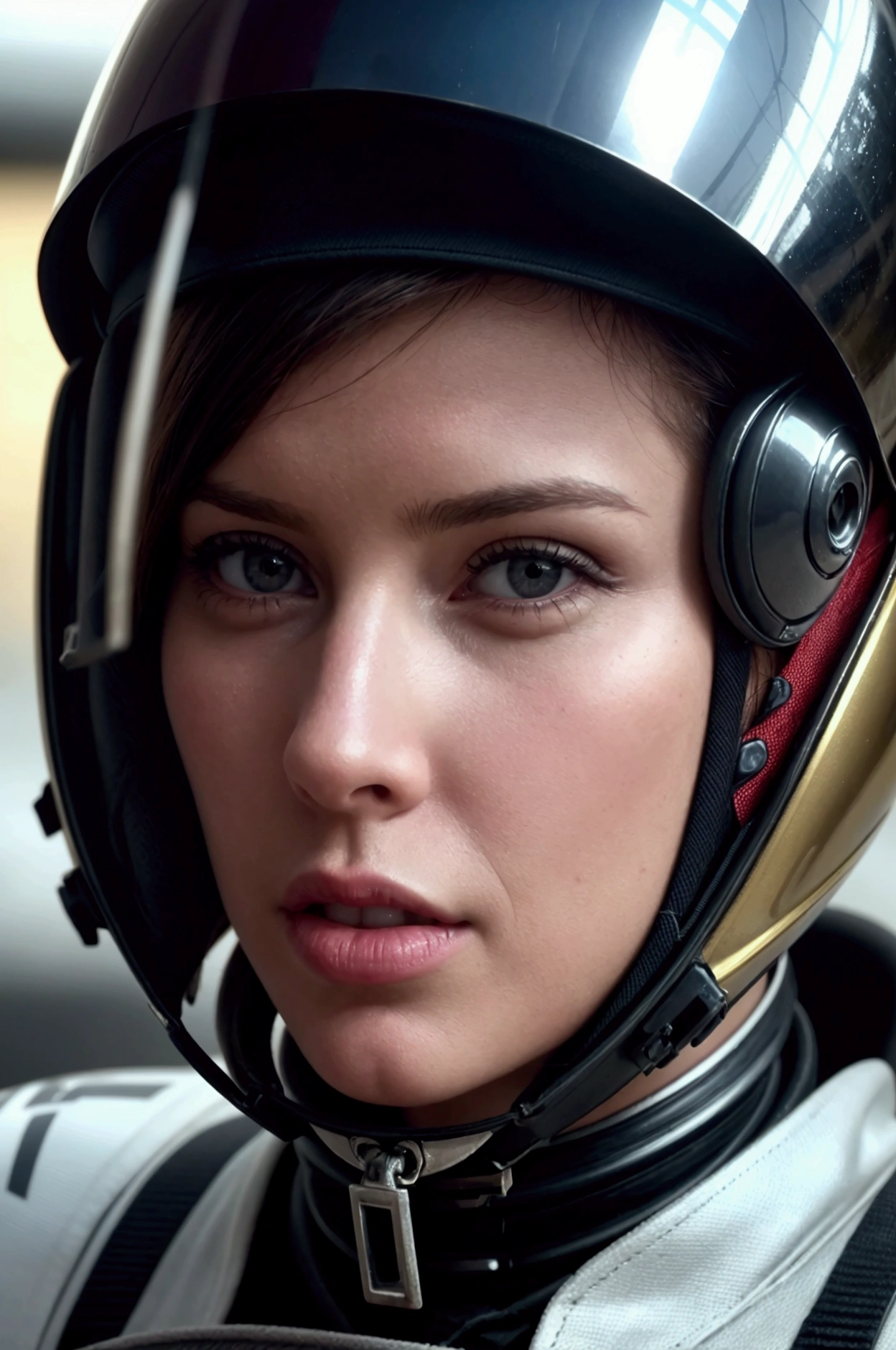 a close-up of a woman with a helmet and a helmet, 2 0 2 1 Cinematic 4K Frame Capture, BARBARELA, por Anna Katharina Block, fighter pilot in the cockpit, temperamental : : wes anderson, retro photography, furious beautiful woman, sixties, faster, awarded at cgsociety, Pompadour, Nascar, Cinematography of 2015