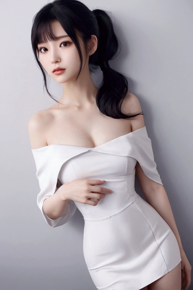 Japanese woman, perfect body, off-shoulder dress, wide hips, small waist, big breasts, ponytail, black hair, loving eyes (no errors or deformations)