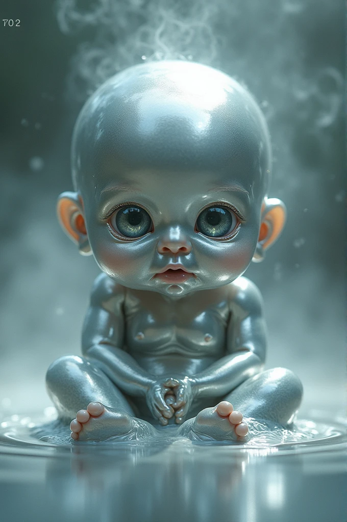 Generate a baby of the chemical element barium, silver-colored and watery-eyed 