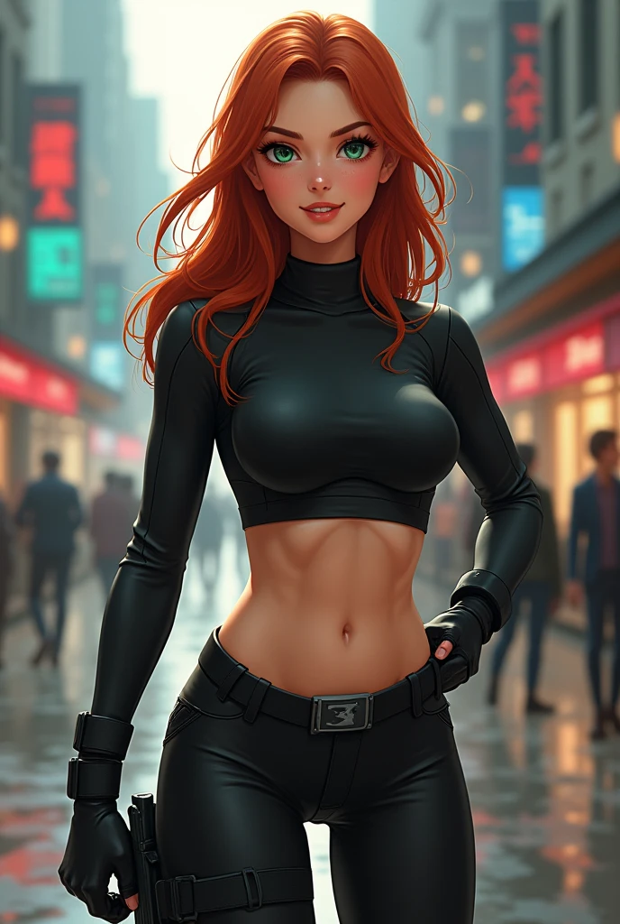 A young woman of approximately , of athletic build and determined appearance. has long straight hair, of a vibrant copper color, falling in soft layers over her shoulders. His eyes are large and expressive, of an intense emerald green, with a look full of confidence and determination. Her skin is light and slightly tanned., suggesting outdoor activity.
Wears modern combat attire: A fitted black long-sleeved top that highlights her toned physique, , en topless, without bra, taking off her panties. His boots are black, robust, and seem designed for action.
The expression on his face reflects confidence and concentration., with a touch of kindness in his smile. The background shows a slightly out-of-focus urban environment., with tall buildings and neon lights, suggesting that he is in the middle of a mission in the city