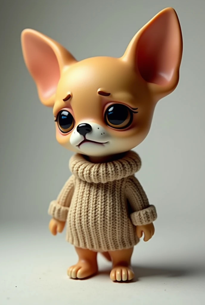 Make an art toy of a chihuahua that is tired and frustrated, Put a sweater on him and make him look down a little