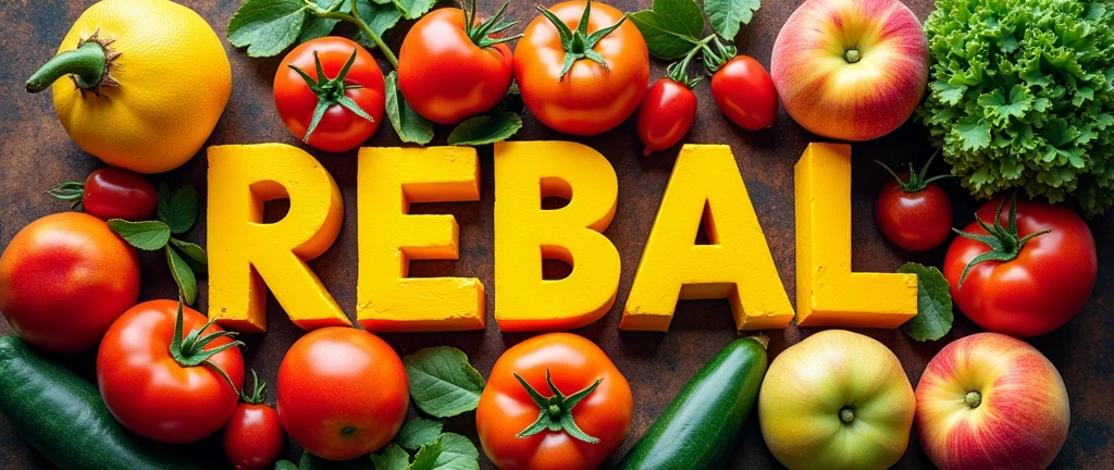 Make a picture of fruits and vegetables that says REBAL in capital yellow letters 
