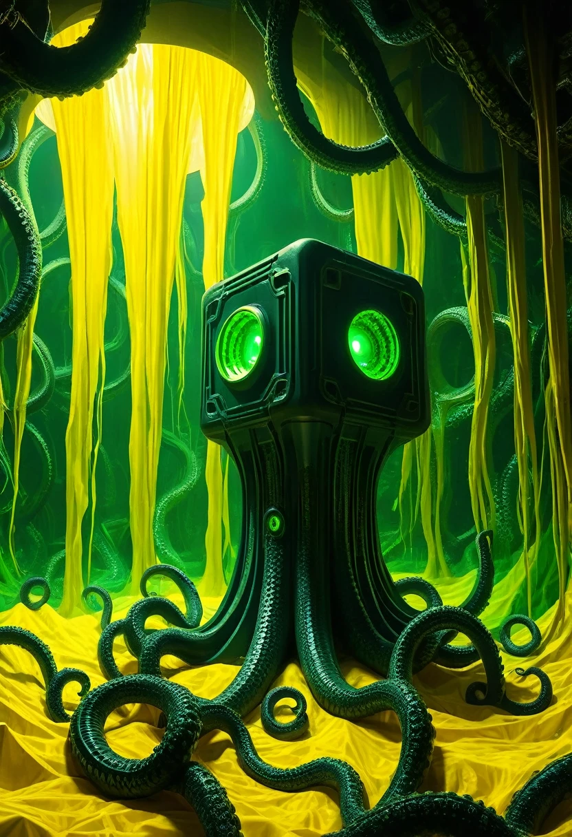 A gigantic floating cuboid structure with dark, twisting tentacles, radiating an intense green light from the circular patterns and eyes with illuminated symbols embedded in their faces. The scene has a dark and futuristic atmosphere., with a greenish-yellow lighting that envelops the entire space, full of geometric shapes and blocks suspended in the air. Two tiny, zombified figures appear to be wandering in front of this monstrous entity., highlighting its colossal scale. The atmosphere is oppressive and mysterious., as if the place were a prison or a temple of some cosmic deity. The style is a combination of science fiction and cosmic horror, with intricate details and a sense of alien grandeur.