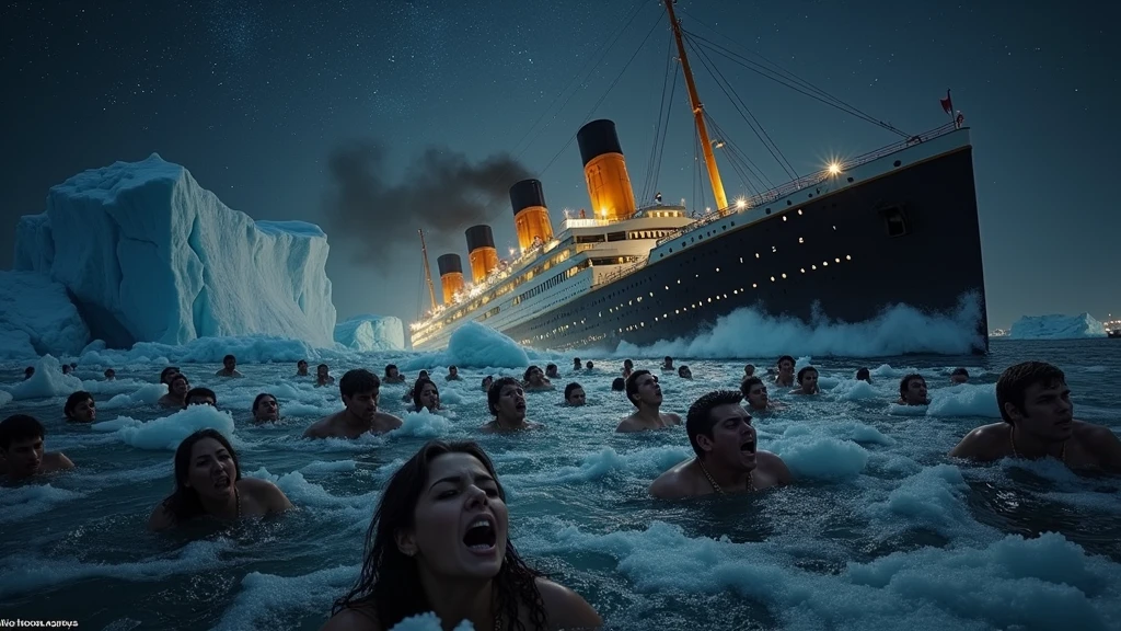A captivating, dramatic and intense cinematic scene that represents the sinking of a large ocean liner, the Titanic, in icy waters with pieces of isiberg under a dark, starry night sky. The ship is shown at a steep angle, with the stern raised and the bow submerged, emitting smoke from the funnels. In the foreground, countless people are seen submerged in freezing water, clinging to the rubble and each other. The individuals have varied facial features and skin tones, with expressions of fear and despair. A huge iceberg looms in the background, emphasizing the catastrophic event. The overall color palette is dark and cool, with deep blues and blacks dominating the scene, in contrast to the warm, bright lights of the ship.