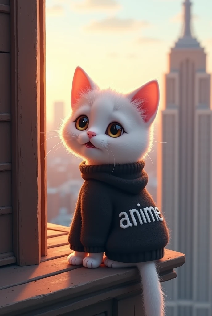 White kitten on a tall building at the entrance in a black sweater with the inscription "Anime"