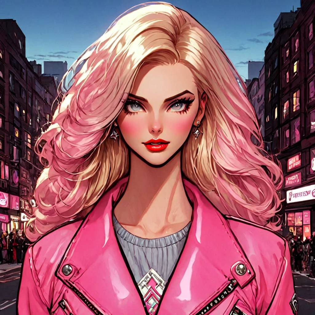 Beautiful maiden, long blonde hair, pink jacket, aesthetic, intricate city background, citypunk, pinkcore, cool vibes, hyperdetailed, photorealistic, dynamic lighting, inspired by pinterest art