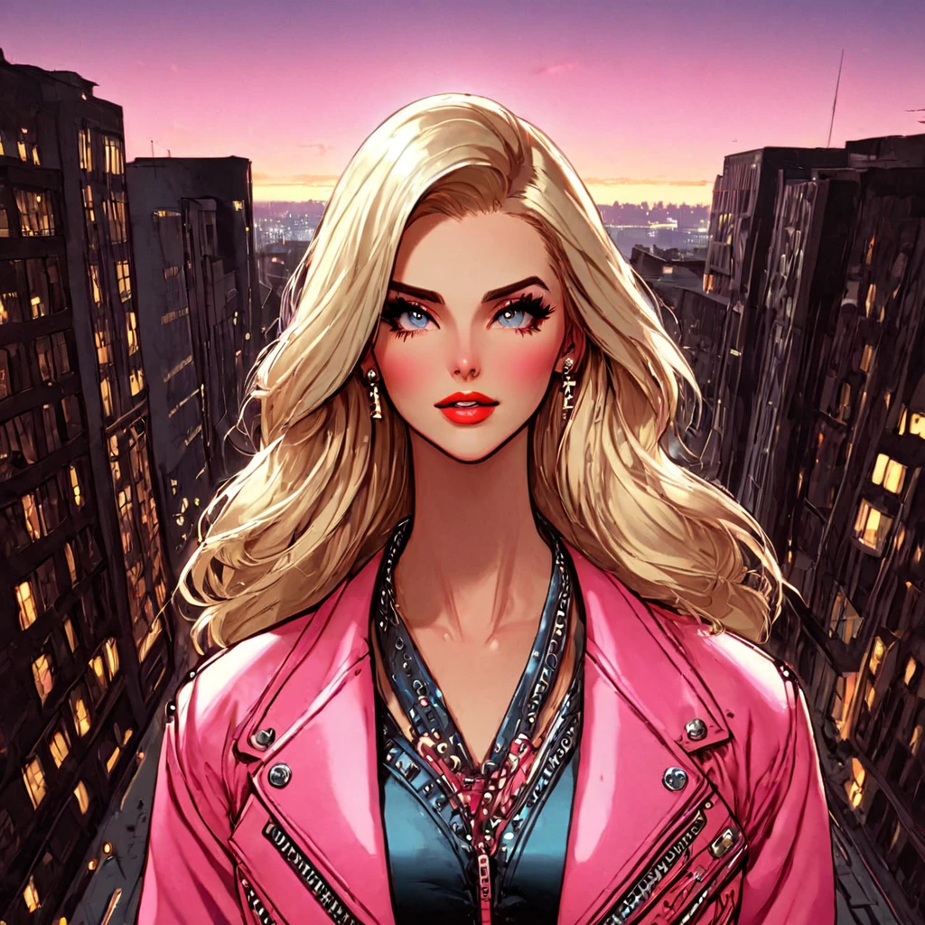 Beautiful maiden, long blonde hair, pink jacket, aesthetic, intricate city background, citypunk, pinkcore, cool vibes, hyperdetailed, photorealistic, dynamic lighting, inspired by pinterest art