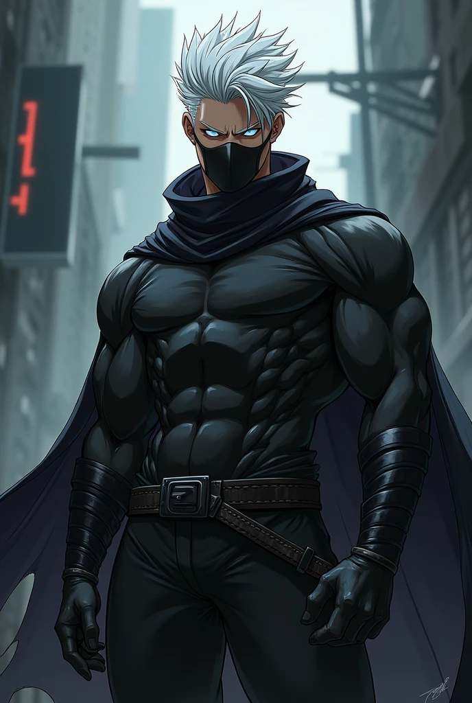 Anime Anti-Hero. Male, Muscular, White hair and Silver eyes, Black Face mask