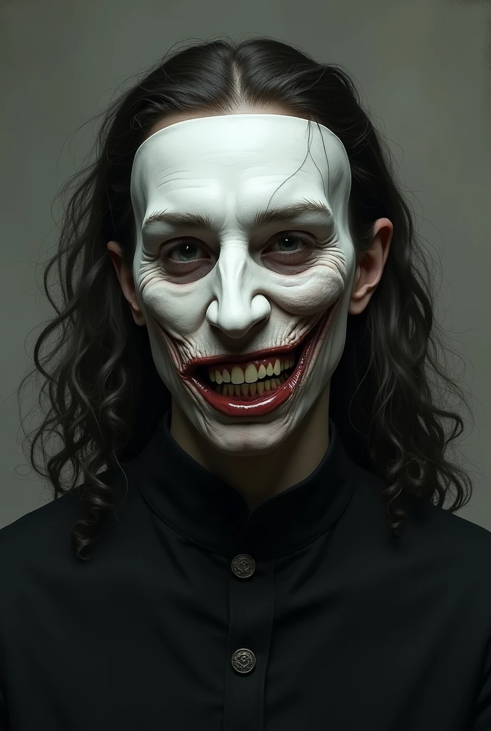 ChatGPT You said: Alistair's appearance is characterized by his lack of nasal cartilage, revealing many exposed teeth, and sunken cheeks and temples, resulting in a severely misshapen face. However, his eyes are an exception; they are surprisingly piercing and mesmerizing. His hair is long and curly, while his eyes are brown. He always wears a white theater mask over his entire face. Alistair is 2 and is the current crown prince and future emperor. Make an image 

