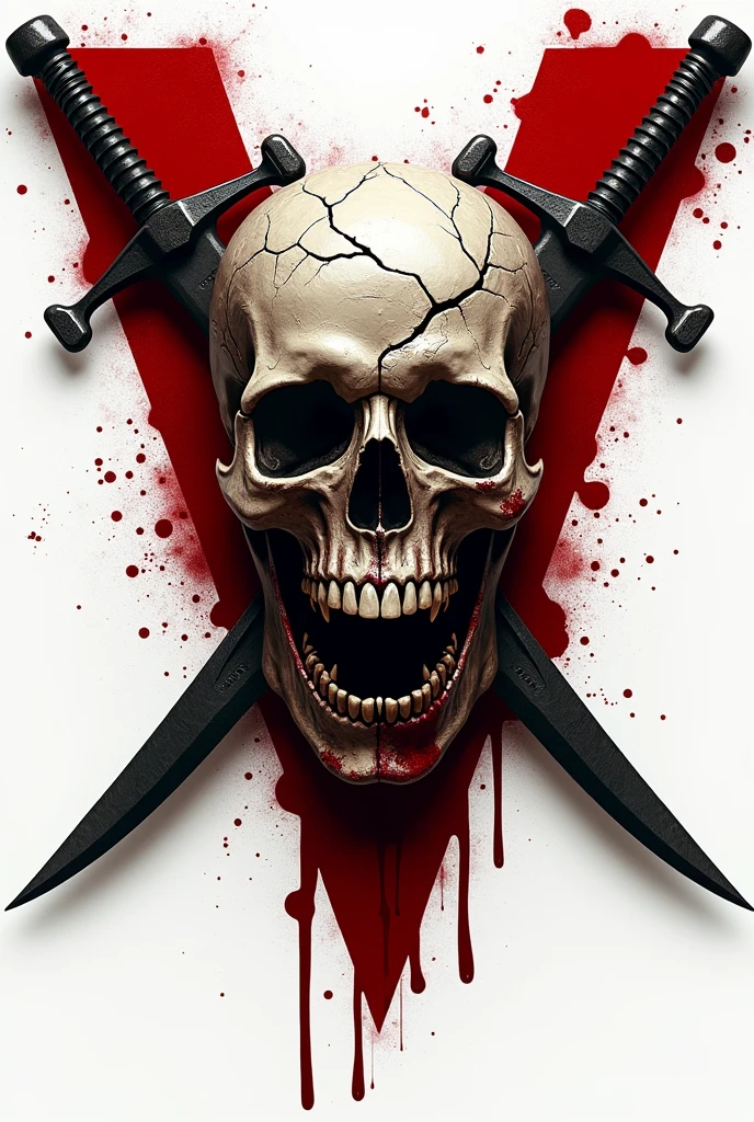 Make a realistic logo of a skull with an open mouth and tiny cracks that have blood stains around it. Have 2 straight black swords cross each other completely forming a V, then in the background a red V with realistic blood dripping from it forming a V for vendetta