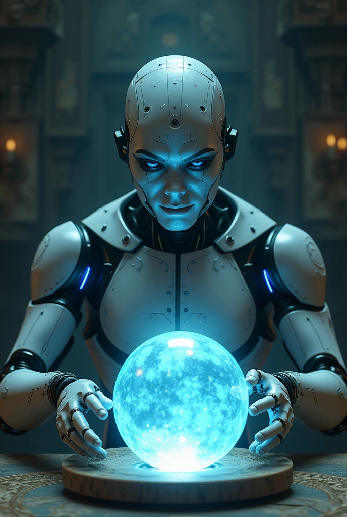 Create an image where there is a robot sitting next to the crystal ball