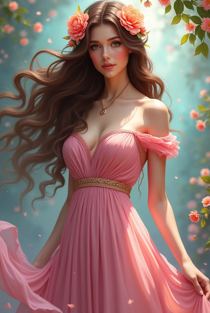 Aphrodite,Colorful floral hair ornament,Brown long hair,Fantasy,whole body,Pink long dress