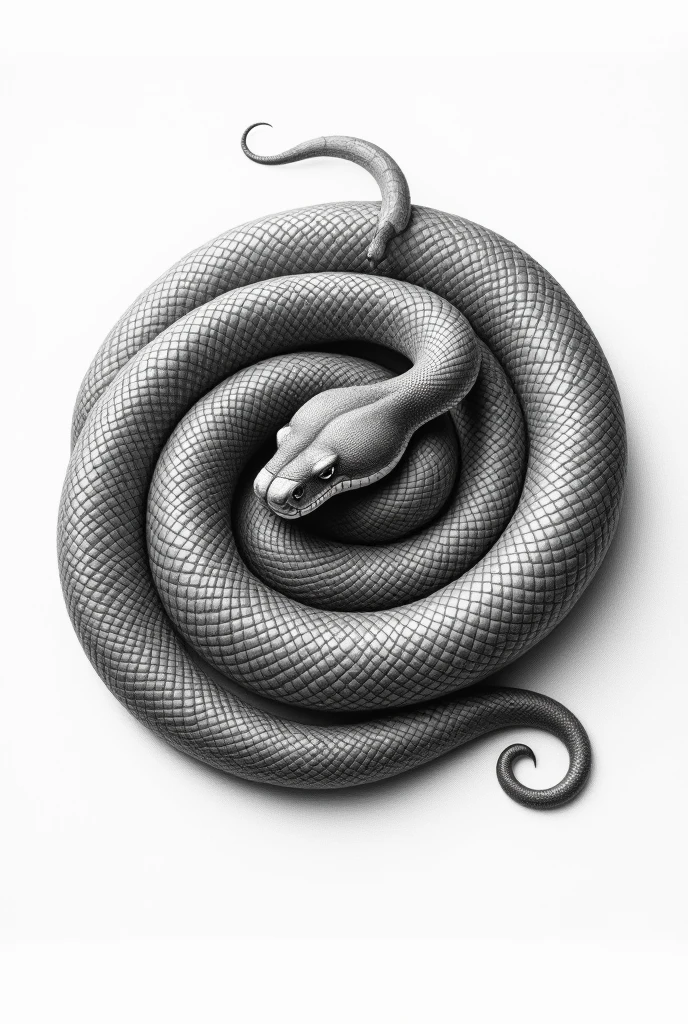 Coiled snake seen through the lens of a microscope(top view) (Fish-eye lens) white background (feeling claustrophobia) drawning