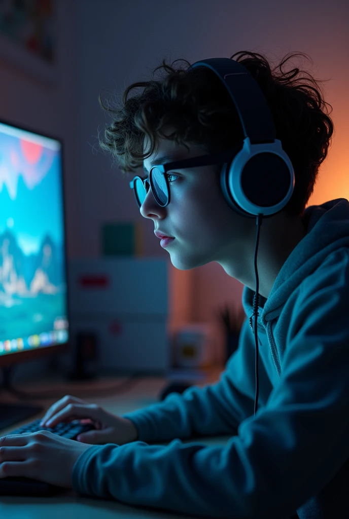Teenager with headphones on and playing PC
