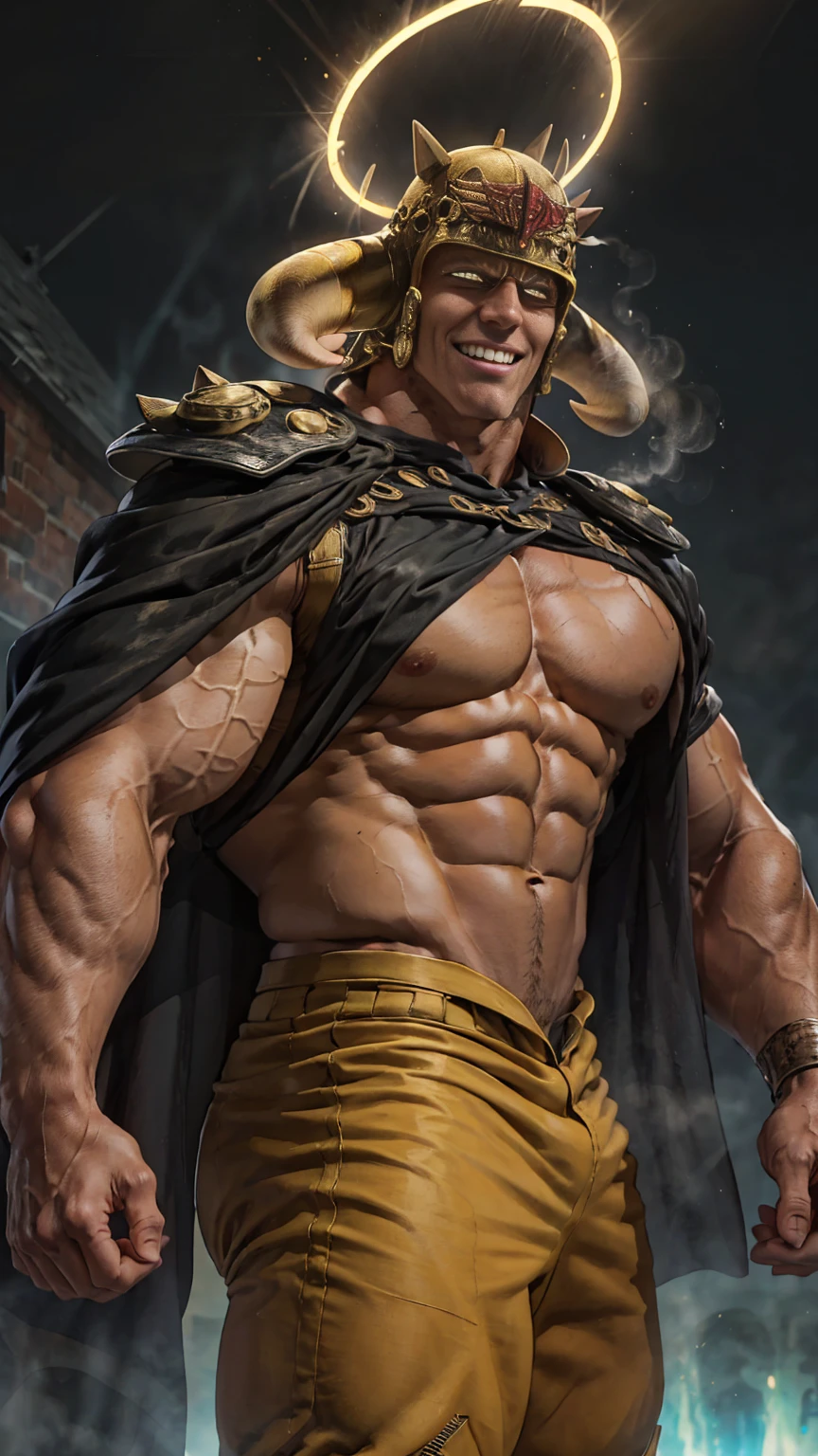 8k images、Raoh from Fist of the North Star(:1.5)、doping、Muscular、Fearless Smile、The face of resentment、Glowing Eyes、Physique of bodybuilders、Ruined buildings、strobe、Black background、Steam coming out from the whole body、Has a huge halo、Cape、Black clothes、