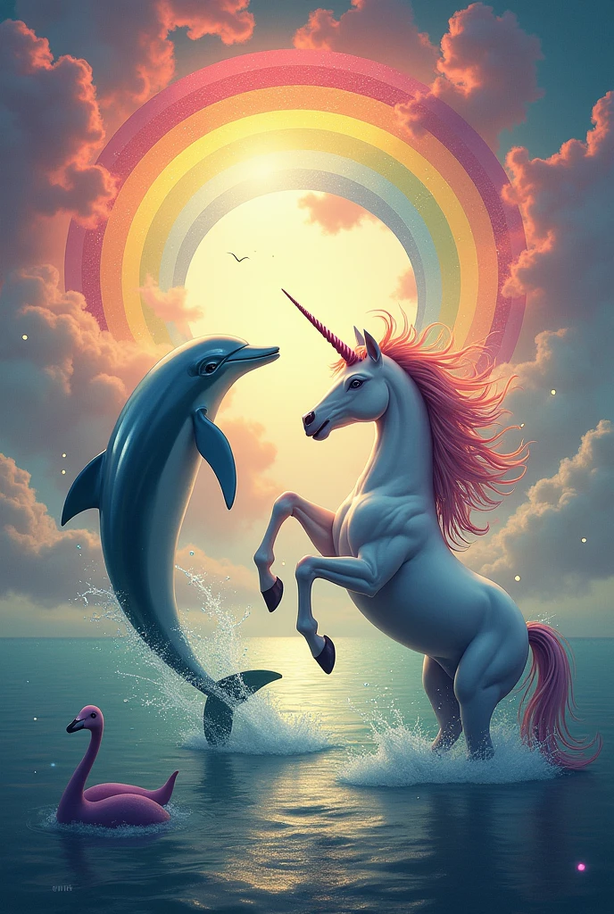 Dolphin and unicorn with many colors and rainbow
