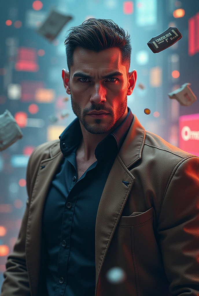 create an image of me, me being a strong man with a very short haircut brown with a lot of news blocks and AIRDROP with a lot of blocks involved in my photo
