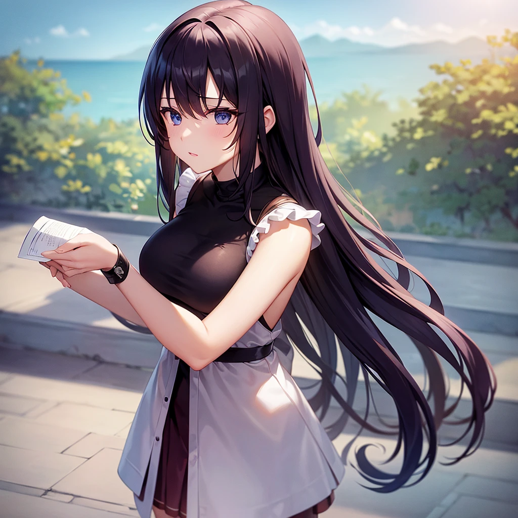 1girl, solo, young, medium long hair, breasts, black hair, dark blue tips, cleavage, hair between eyes, medium breasts, purple eyes, upper body, white hair, multicolored hair, outdoors, two-tone hair, cover, up, bench, cover
