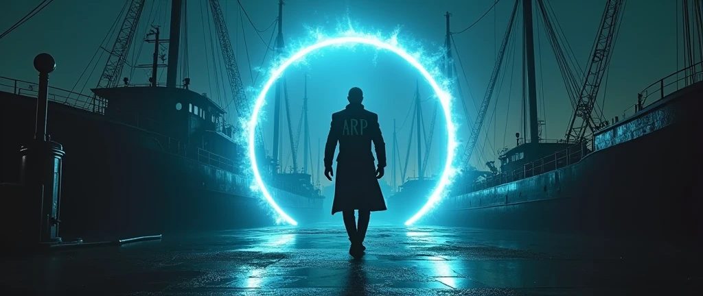 there is a man in an overcoat walking with his back to me, he is entering an interdimensional portal, he wears high boots, your coat is written "ARP" in back, He is tall, the portal has blue energy edges, He's in a harbor, the portal leads to a tiled room, noir style and investigation