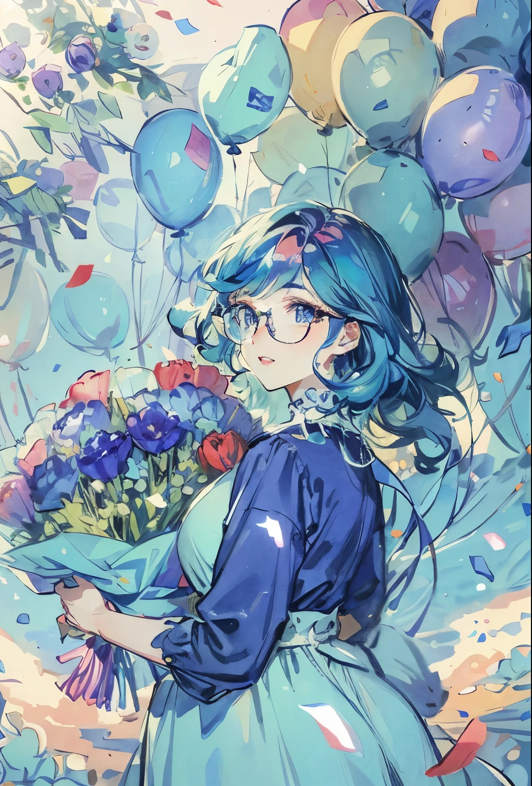 {worst quality}, {low quality}, girl, short light blue hair, plump wavy hair, plump glossy lips, beautiful clear eyes, embarrassing, round glasses, confetti, (((1 beautiful colorful holding a big bunch of flowers))), (Perfect hands: 1.3), beauty looking back, garden with light, background with floating colorful balloons, masterpiece, Highest quality, Best Quality, Super Detailed,