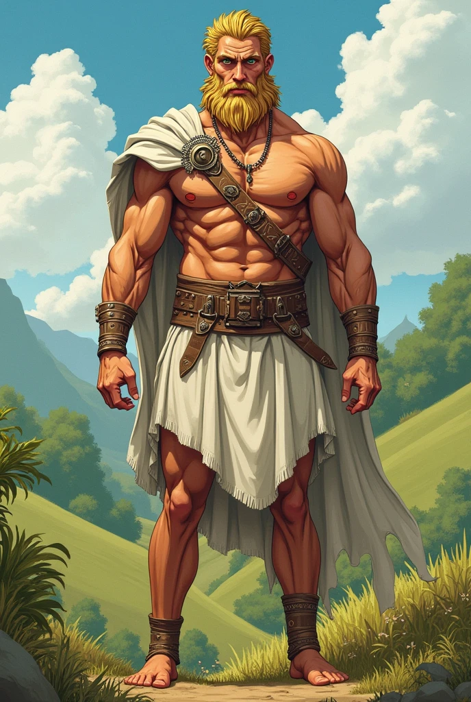 1boy with manly face, muscular, tall body, blonde medium-long broom-like hair and green eyes, tan skin, 195 cm, 2 in white celtic peasant clothes. 1st century BC roman era in the pannonian basin.   Drawing adult animation style. 