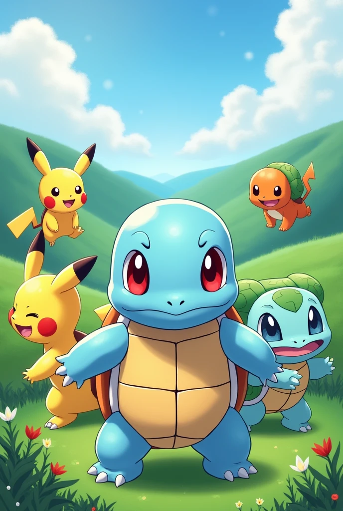 Create a wallpaper image as background for a mobile phone of the pokemon squirtle and the pokemon pikachu and charmander and bulbasaur