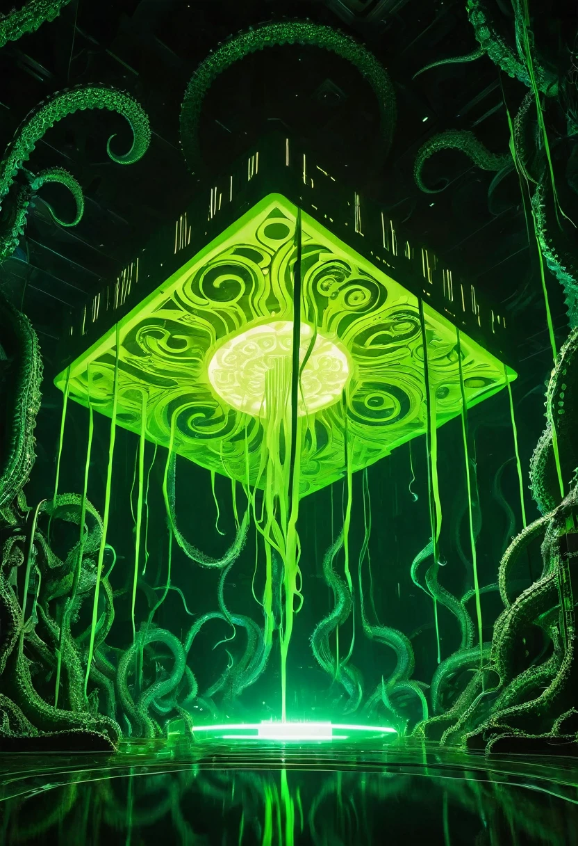 A gigantic floating cuboid structure with dark, twisting tentacles, radiating an intense green light from the circular patterns and eyes with illuminated symbols embedded in their faces. The scene has a dark and futuristic atmosphere., with a greenish-yellow lighting that envelops the entire space, full of geometric shapes and blocks suspended in the air. Two tiny, zombified figures appear to be wandering in front of this monstrous entity., highlighting its colossal scale. The atmosphere is oppressive and mysterious., as if the place were a prison or a temple of some cosmic deity. The style is a combination of science fiction and cosmic horror, with intricate details and a sense of alien grandeur.