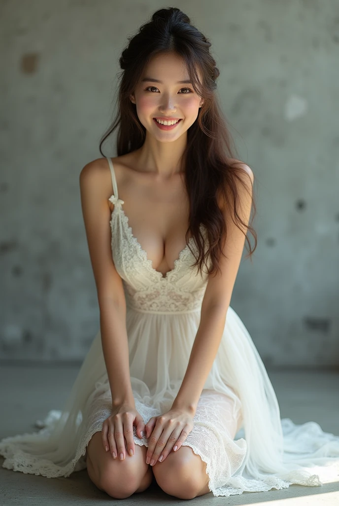 (of the highest quality:1.4),(masterpiece:1.4),(realist:1.4),(realist:1.2),(超High resolution, RAW Photos:1.4),(High resolution, Very detailed:1.2),(8k:1.2),Photography,(shot from behind:1.3)、korean women、brown hair pictures,A woman,alone,(In underwear),very ,((Shot from thigh to head:1.3))、(((top-less、You can see her big breastside.)))、((toothy smile))、((very big breasts:1.4))、realxtures、slightly freckled、slim figure、realist skin textures、((bottom,Wall of concrete:1.3)),(top-less,横からThe breasts are visible:1.6),(long las,white)、3 women、Angle where the nipple is not visible、((Long updo hairst((white,long lace dress:1.4))、correct fingers、detailed facial features、kneeling position on the floor、hands on the ground、(The long petticoats cover the soles of the feet:1.3),The buttocks are visible、The breasts are visible、Hts are visible from the sher petticoat