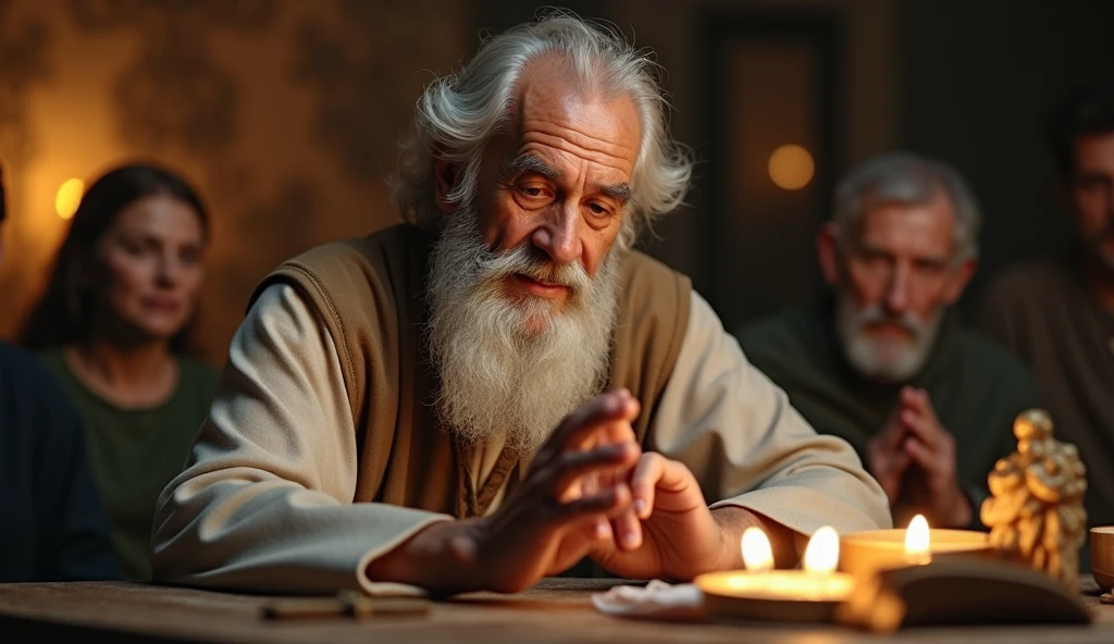 Create an ultra-realistic image featuring Vô Augusto, a Germanic elder with a warm and kind demeanor, standing at the forefront, facing forward with his hand raised in a gesture of blessing. Behind him are the divine figures of God, Santa Hildegarda, Archangel Raphael, and Archangel Michael, all aligned in a protective and healing stance. Vô Augusto is dressed in simple yet traditional attire, reflecting his humble roots, and he emanates a serene and powerful presence as he performs the benediction. Santa Hildegarda is depicted with her connection to natural healing, Archangel Raphael radiates a green aura of health, and Archangel Michael, dressed in a blue tunic, holds his sword, symbolizing protection. Together, they are all focused on blessing and healing the viewer, creating an atmosphere of divine energy, peace, and restoration. The background is filled with a subtle light that enhances the sense of sacredness and healing power in the scene.

