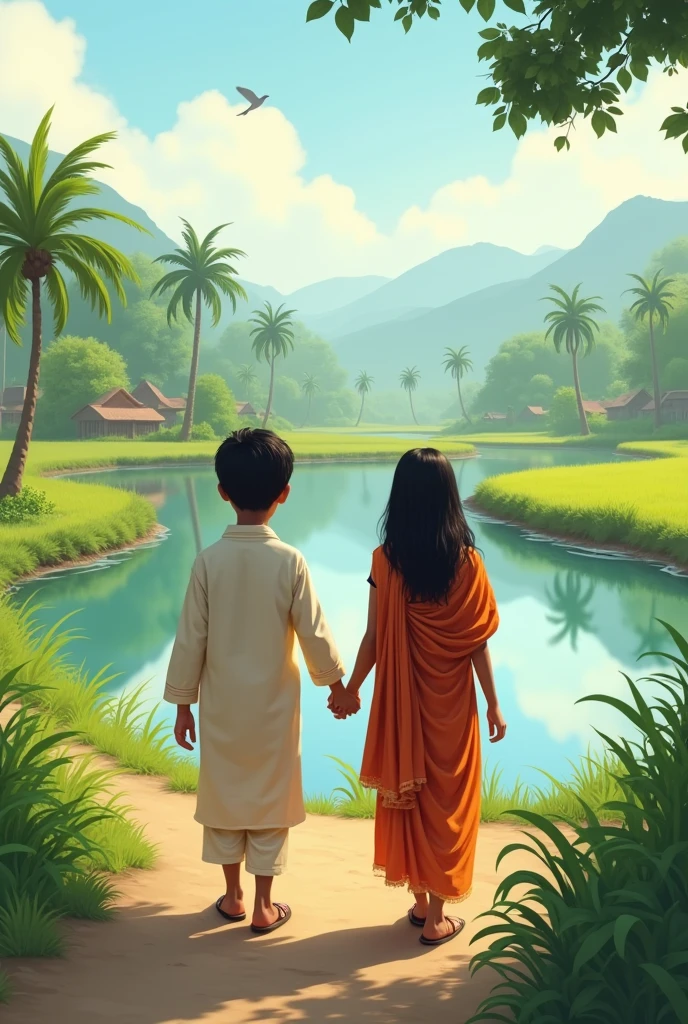 দুইজন ছেলে মেয়ে গ্রামের রাস্তায় একটি নদীর ধারে একসাথে হাত ধরে চলতেছে। বাংলাদেশের প্রকৃতি। ছবিটি হবে বাস্তব।