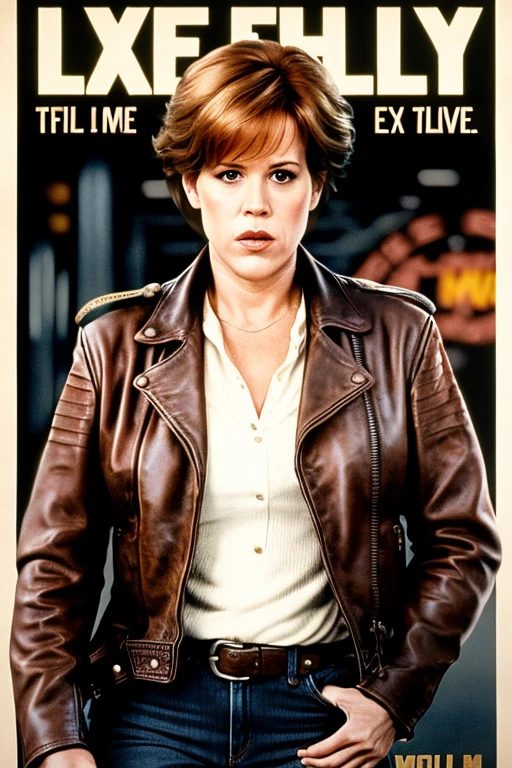 Realistic poster for film showing fifty-six-year-old Molly Ringwald, frowning, wearing brown leather jacket and jeans, holding a pump-action shotgun, extremely realistic, extremely detailed, extreme realism, extreme detail, extremely accurate resemblance, cinematic, Cannon Films vibes, urban setting