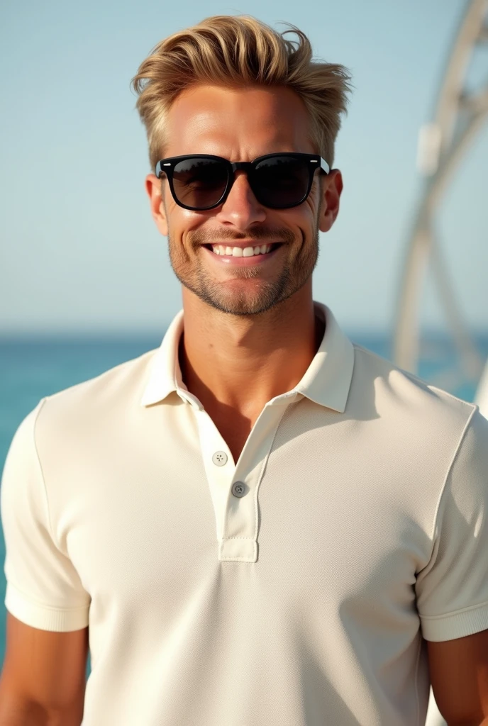 Create an image of a yacht owner wearing a cream knit polo with All the buttons buttoned up and khaki pants. Make him look young and looking straight in the camera with sunglasses. Make the top button buttoned up and make his blonde with a cheesy smile