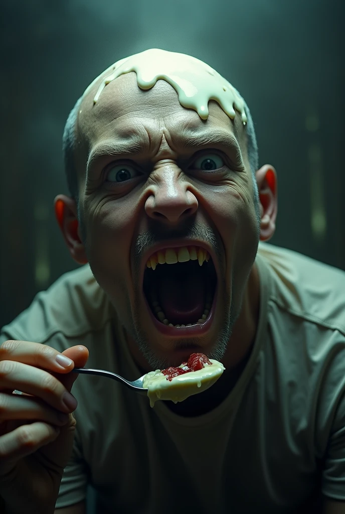 Scary cold A man who spilled ice cream on himself eats ice cream from his head with a spoon