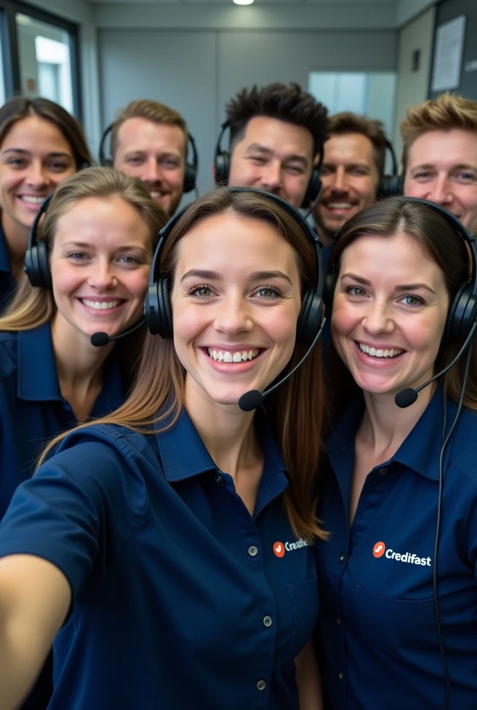 A group of sales consultants taking a selfie using their headset and microphone, with a dark blue shirt with the name of the company they work for: “Credifast” (just the name, without logo)