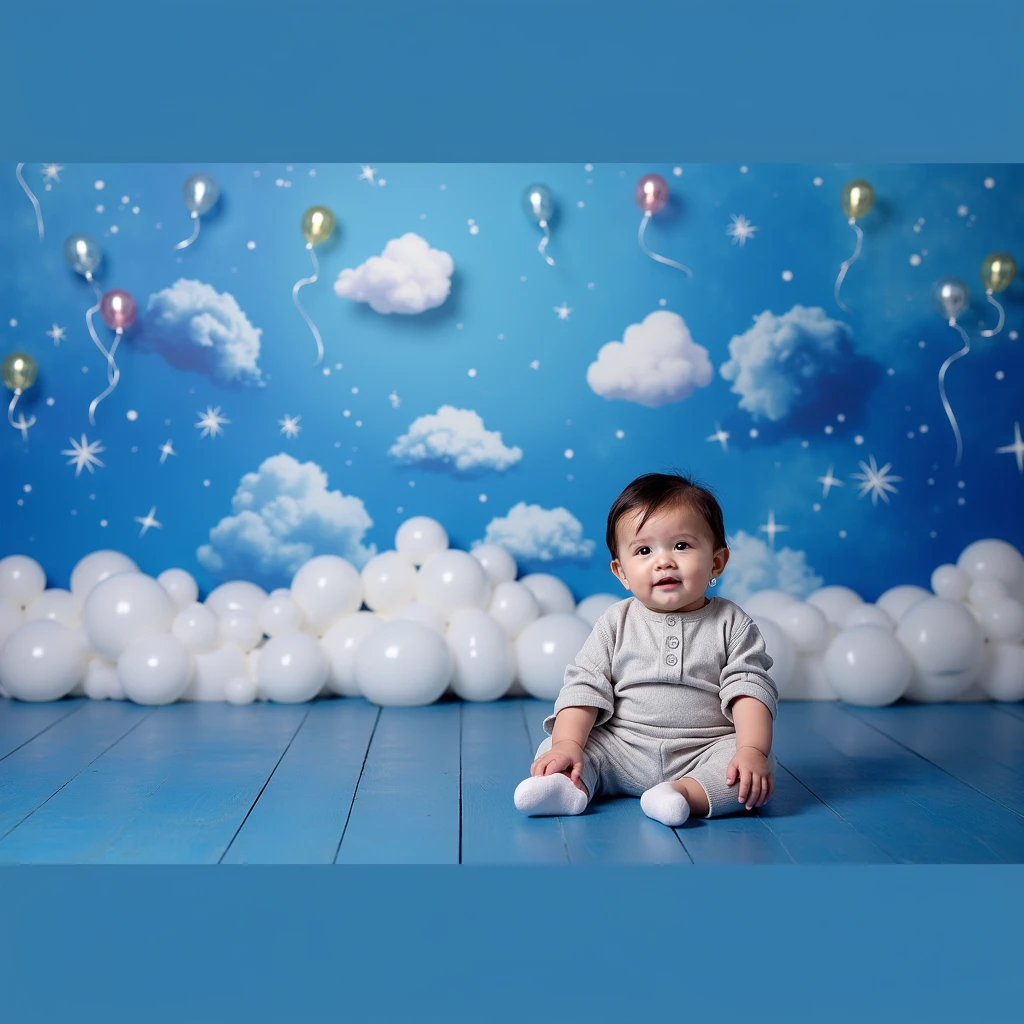 arafed  sitting in front of a backdrop of balloons and stars, blue backdrop, lie on white clouds fairyland, portrait photo of a backdrop, portrait shot, blue themed, with a blue background, cyan photographic backdrop, cute boy, bright sky, mid shot portrait, portrait image, blue backgroung, photoshot, background is heavenly