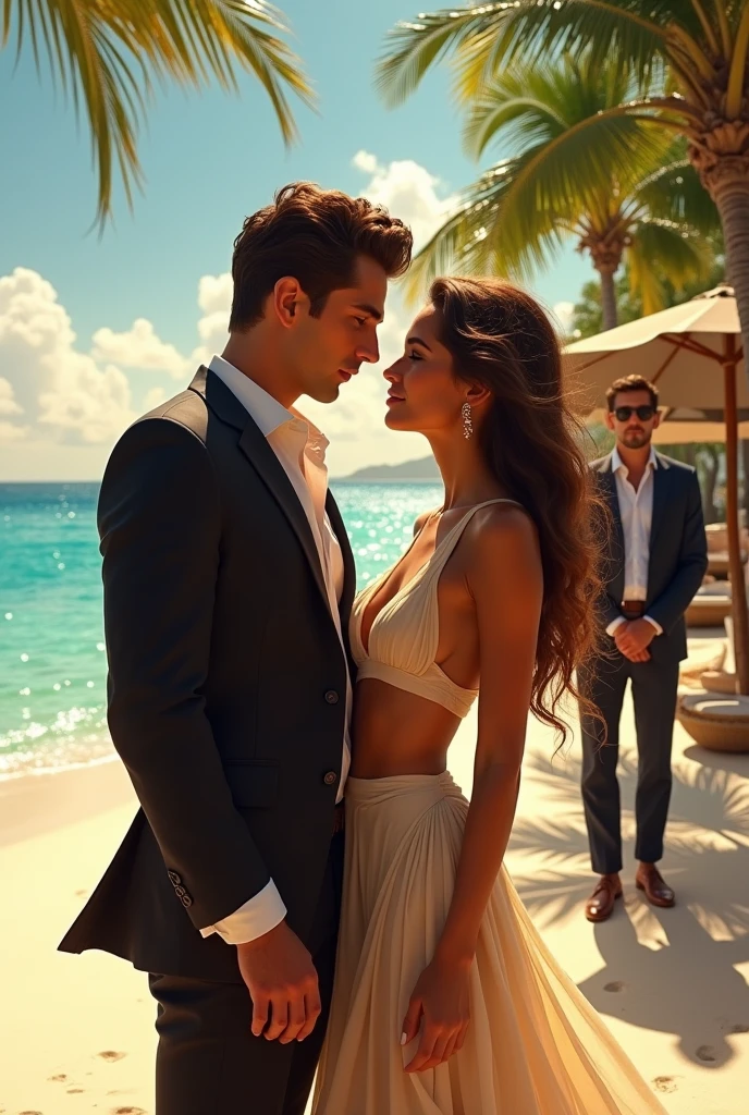 beautiful tanned skin woman with a mysterious beautiful man in the beach and a rich man in the background