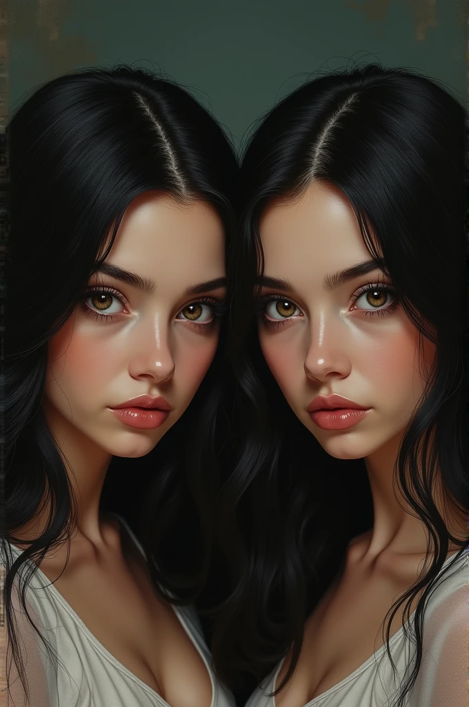 Create an image of a 2 girl with long wavy black hair, white, mocha colored eyes, with arrogant look