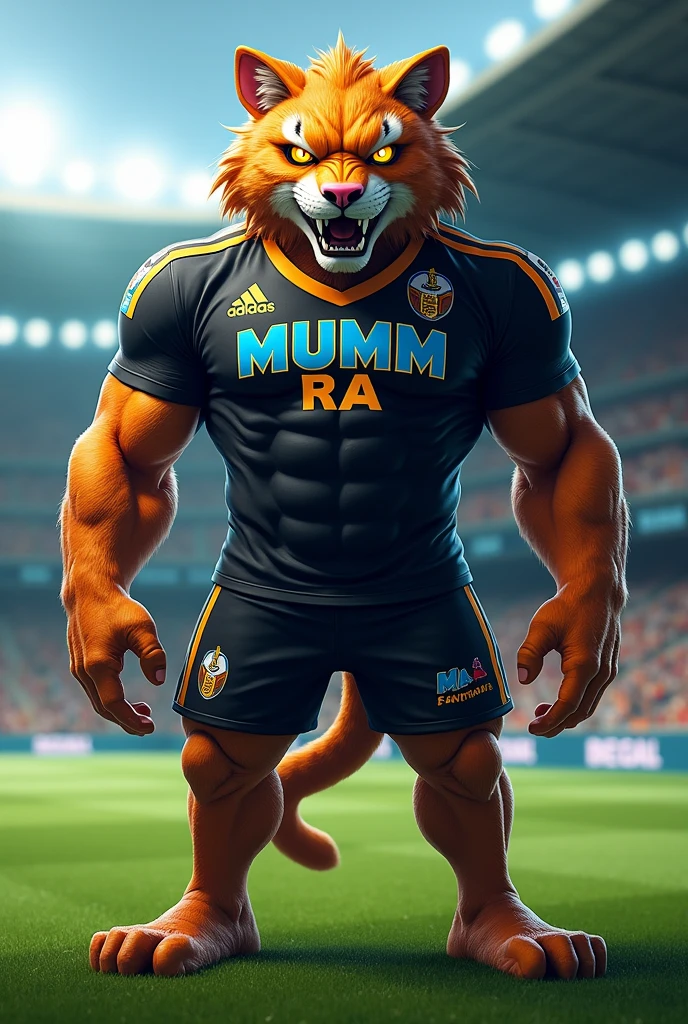Soccer team mascot with black shirt with orange and baby blue details with the words mumm ra written on it