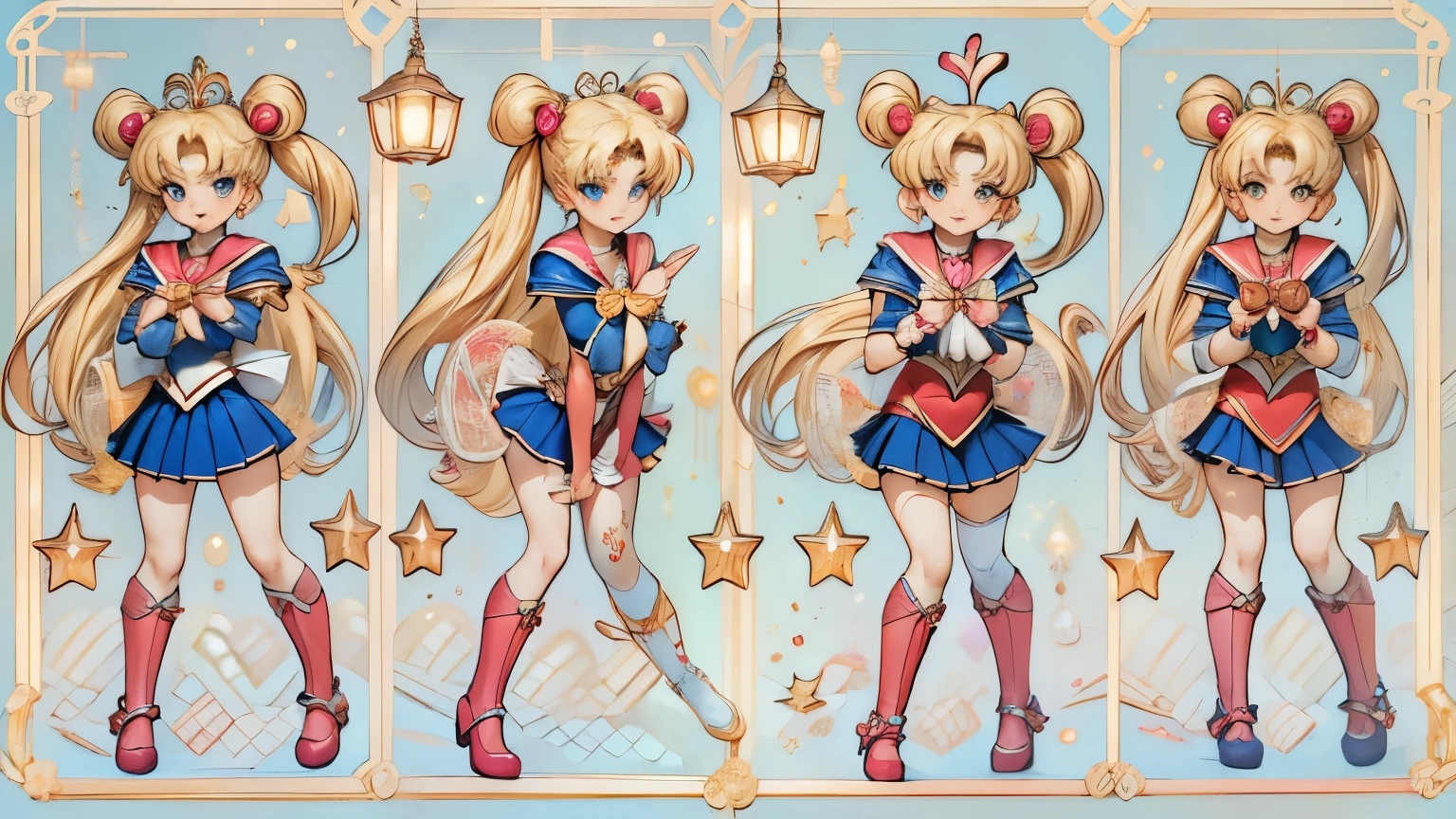 Draw Sailor Moon in her signature sailor suit, including the golden tiara, the red bow on the chest and the blue skirt. Make sure to include her long blonde hair in two pigtails with crescent moon decorations. The pose must be dynamic, as if in the middle of a magical transformation, with light effects and flashes around. The background can be a starry sky or a nighttime urban scene..
