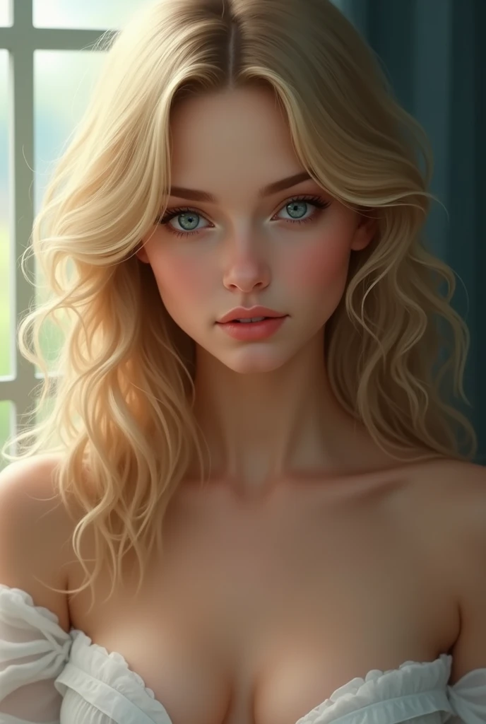 "Elegant woman with blonde hair, blue eyes, and a seductive gaze."