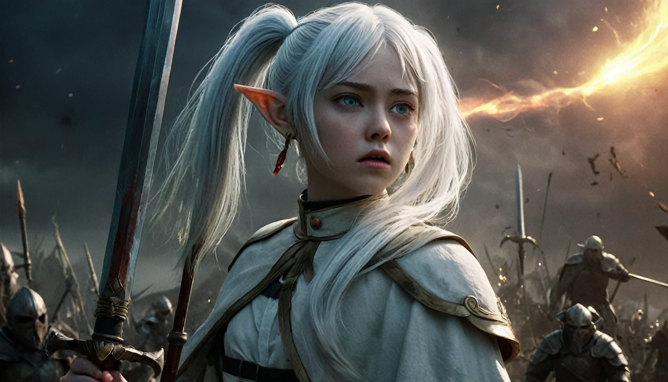 Epic battle scene, photoreal, fantasy, 4 characters: 1 white-haired girl with long twintails, pointy green eyes, wearing white capsule jewelry and earrings, standing in the foreground. Frieren looks surprised as she gazes into the darkness on the horizon, a gleam of determination in her eyes. Behind her, a tall man with short blue hair wields a sword, and an old dwarf with a huge blonde beard, wearing a helmet, grips a staff. A bright flash of light erupts in the background, fading silhouettes of creatures from "The Lord of the Rings" style goblins and monsters appear against the reddish dark skies. The scene captures the ruins of the battlefield, with emotional and dramatic lighting, realistic skin textures, ultra-detailed, with Frieren standing resolute despite the chaos.