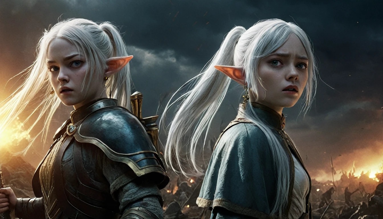 Epic battle scene, photoreal, fantasy, 4 characters: 1 white-haired girl with long twintails, pointy green eyes, wearing white capsule jewelry and earrings, standing in the foreground. Frieren looks surprised as she gazes into the darkness on the horizon, a gleam of determination in her eyes. Behind her, a tall man with short blue hair wields a sword, and an old dwarf with a huge blonde beard, wearing a helmet, grips a staff. A bright flash of light erupts in the background, fading silhouettes of creatures from "The Lord of the Rings" style goblins and monsters appear against the reddish dark skies. The scene captures the ruins of the battlefield, with emotional and dramatic lighting, realistic skin textures, ultra-detailed, with Frieren standing resolute despite the chaos.